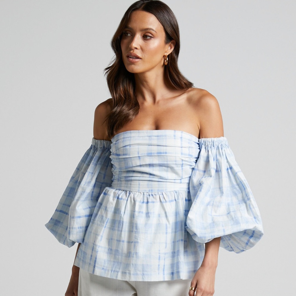 Showpo Amalie Off Shoulder Puff Sleeve Top in Blue and White